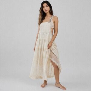 Free People Trails End Ivory Cotton Crochet Lace Tiered Skirtall Dress Womens M